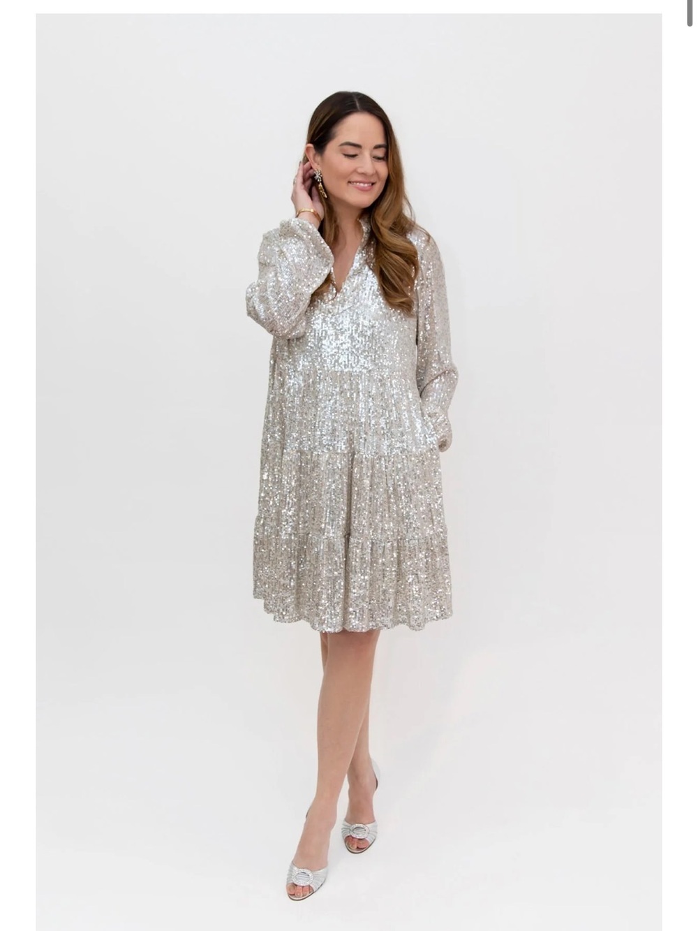 Sail to Sable Charlotte Sequin Dress Silver Long Sleeve Tiered Mini XS